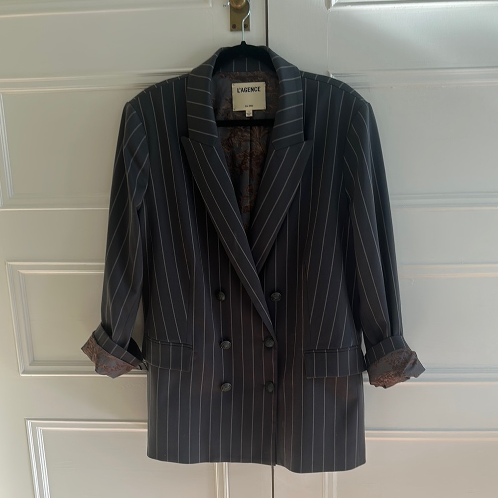 L'AGENCE Aimee Striped Double-Breasted Pinstriped Blazer Charcoal Grey